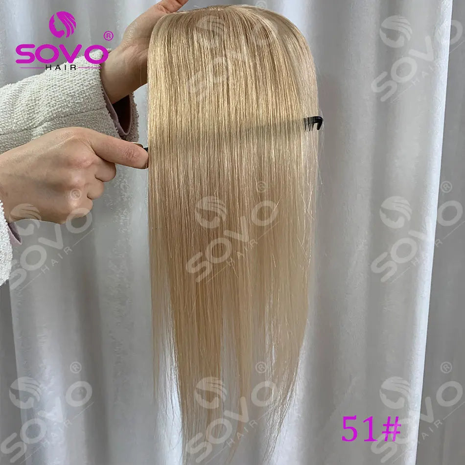 Topper de cheveux humains lisses avec mèches pour femmes 10x12CM, postiche à base de peau avec 4 clips, cheveux humains véritables respirants