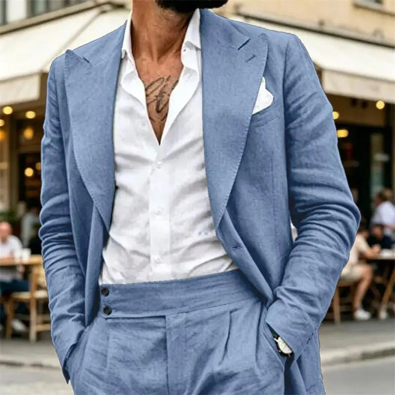 Ensemble de costume en lin 2 pièces pour homme – Coupe ajustée décontractée légère pour l'été – Blazer et pantalon pour la plage, mariage, bal de promo, soirée