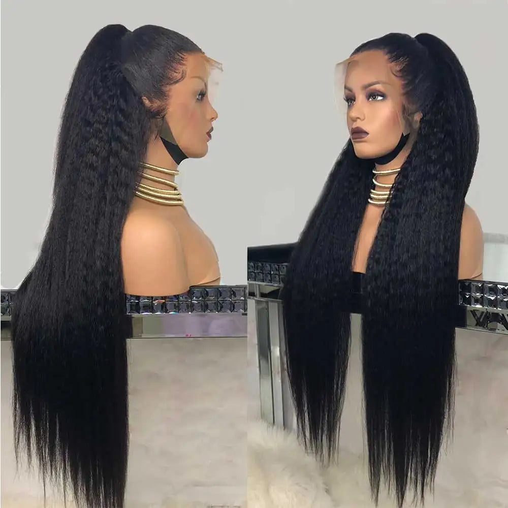 Perruque Lace Frontal Wig naturelle Yaki lisse, cheveux crépus, sans colle, avec sangle Invisible, 360 HD