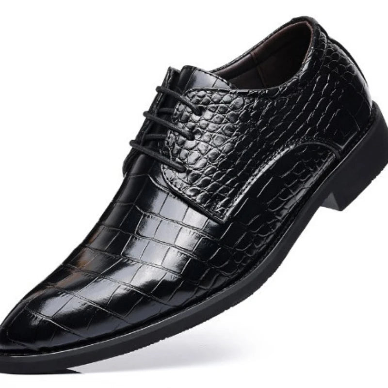 Chaussures habillées en cuir marron gaufré crocodile pour hommes, à bout pointu, à lacets, style Oxford, pour affaires, bureau, mariage, soirée, confortables
