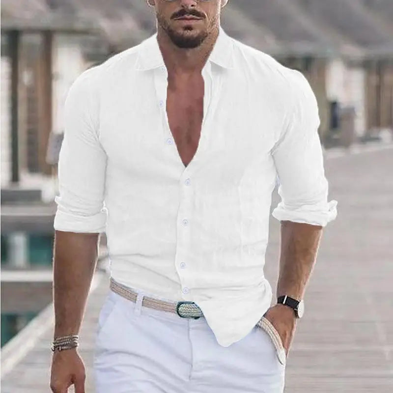 Chemisier hommes nouvel été coton lin revers plage chemise col rabattu à manches longues couleur unie vacances blusas camisas YRW5899