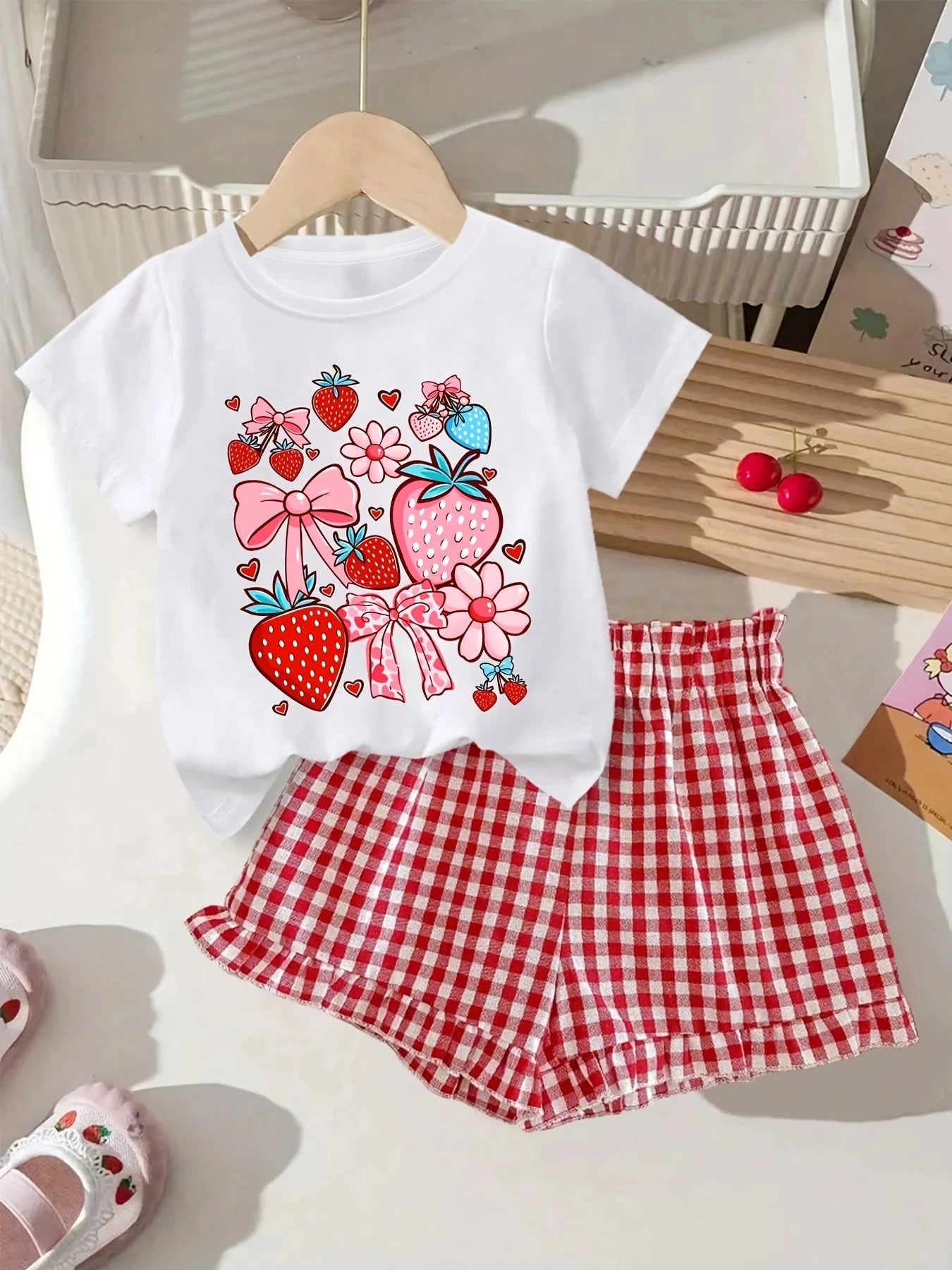 Ensemble de shorts décontractés d'été pour filles : T-shirt mignon et adorable à imprimé fraises et nœuds, associé à un short à carreaux rouges, ensemble deux pièces, combinaison rouge et blanc, adapté aux filles