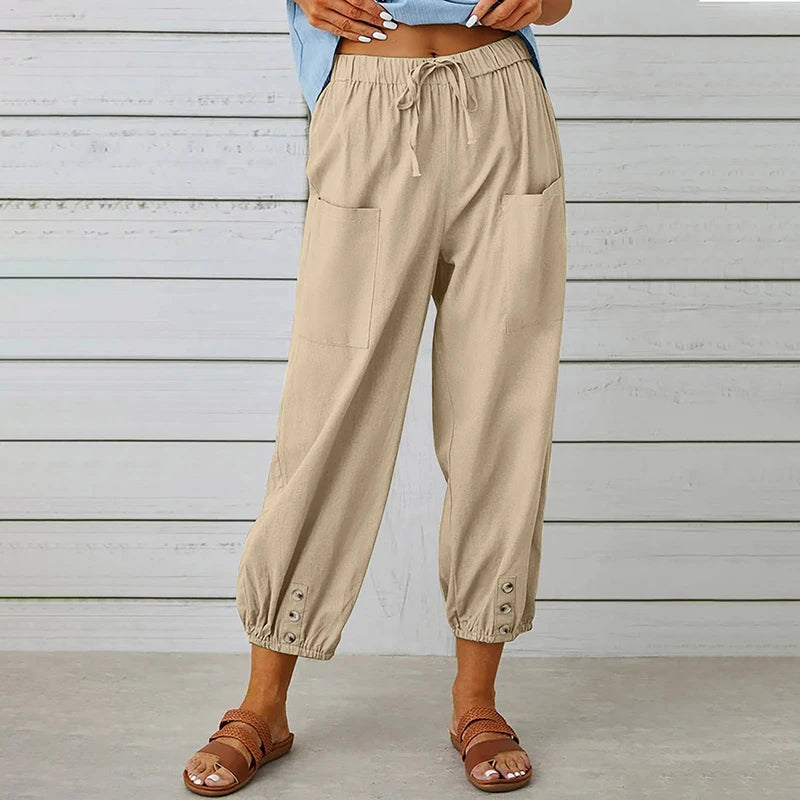 Pantalon en coton et lin pour femmes, couleur unie, taille élastique, ample, droit, Harajuku, taille haute, jambes larges, automne 2023