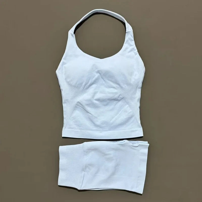 Ensemble de sport 2 pièces pour femme : débardeur long à bretelles rembourré et short de sport sans couture pour le yoga, le fitness et la course à pied