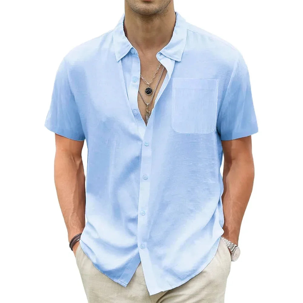 Chemises hawaïennes légères pour hommes, coton, lin, respirant, manches courtes, vacances, plage, décontracté, été, Y avec poche