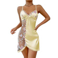 Robe de nuit pour femme en dentelle fine avec nœud, brodée, en maille transparente, en soie glacée, à bretelles, sans manches