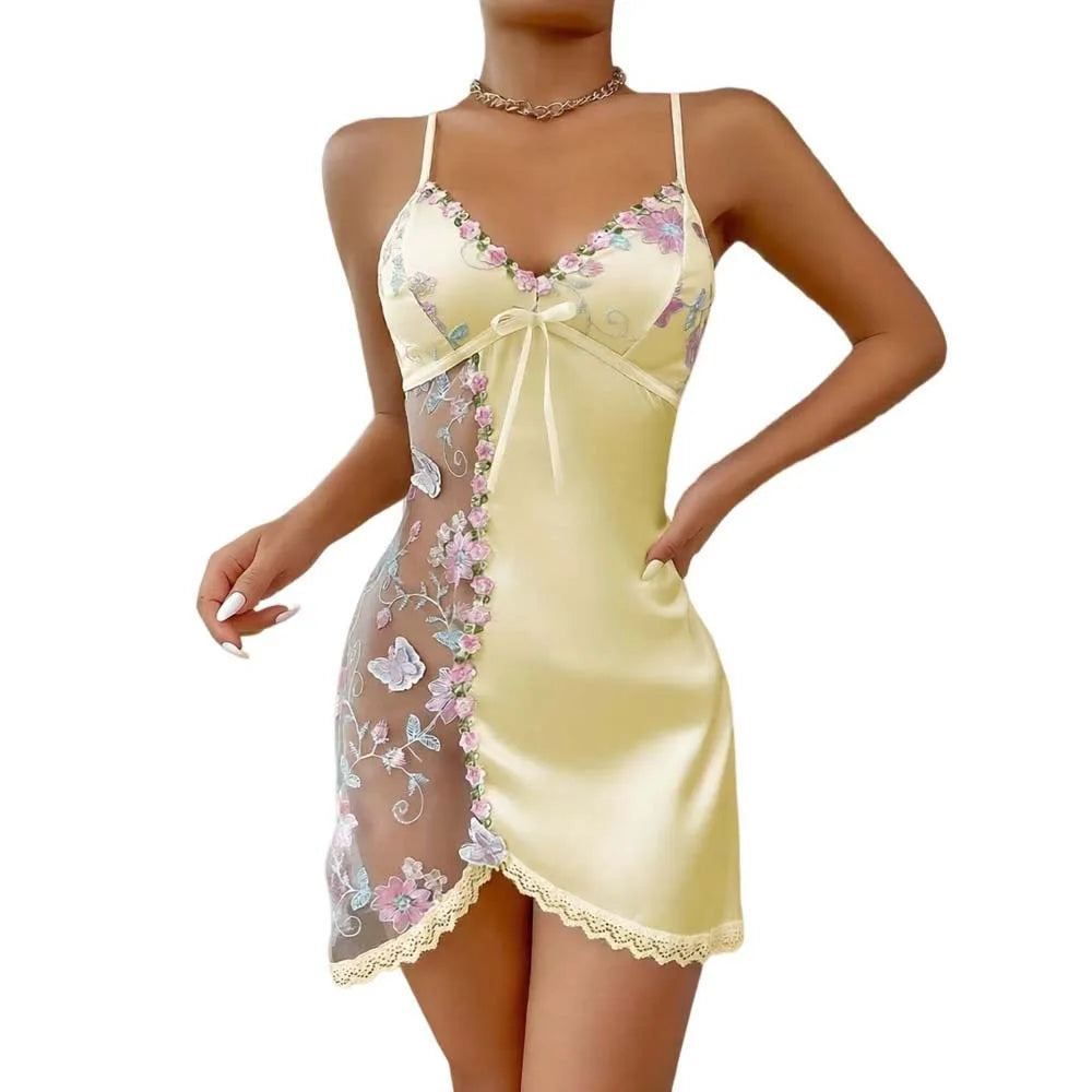 Robe de nuit pour femme en dentelle fine avec nœud, brodée, en maille transparente, en soie glacée, à bretelles, sans manches