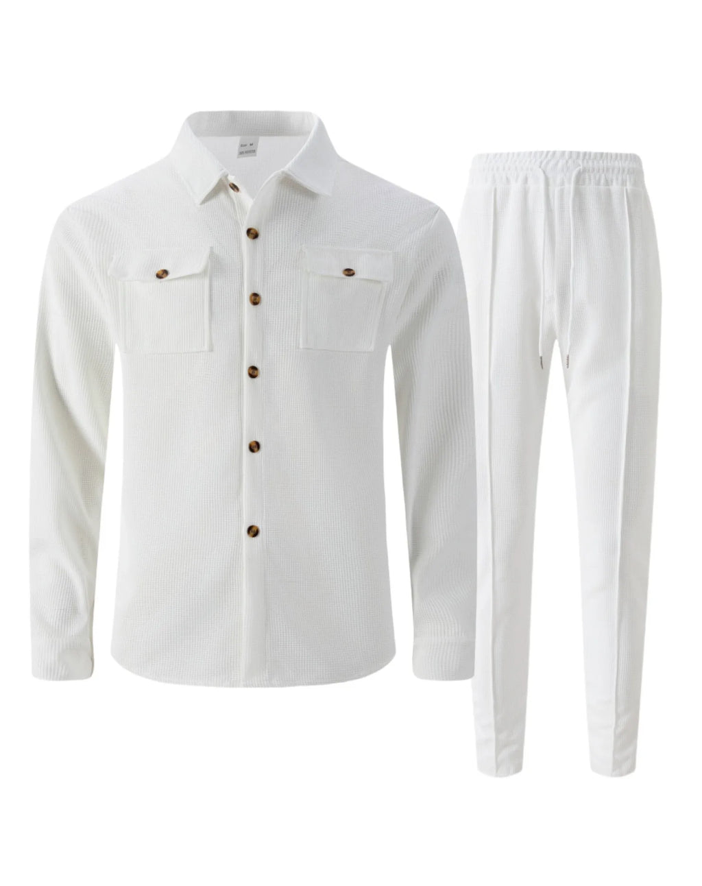 Ensemble chemise et pantalon cardigan boutonné à double poche, gaufré, manches longues, couleur unie, nouveau style d'automne