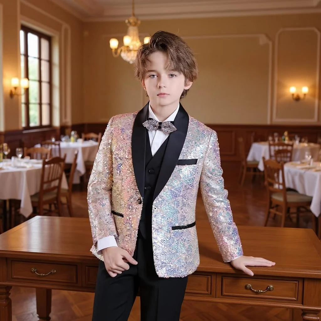 Ensemble de costume à paillettes pour garçons, costume de smoking formel pour mariage, veste, gilet, pantalon, 3 pièces, beau costume à fleurs pour enfant, pour spectacle de piano