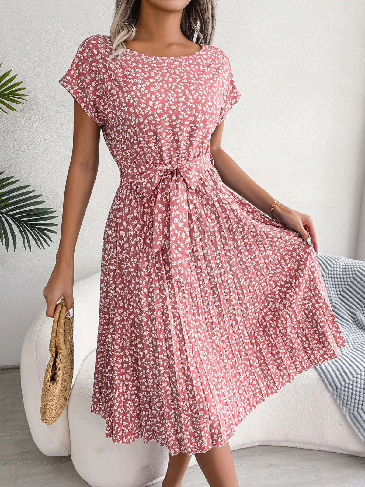 Gaun Berlipat Floral Wanita Midi Perban, Ruched Lengan, Pendek Leher-o Kasual Musim, Boho Chic A Line Pantai Wanita