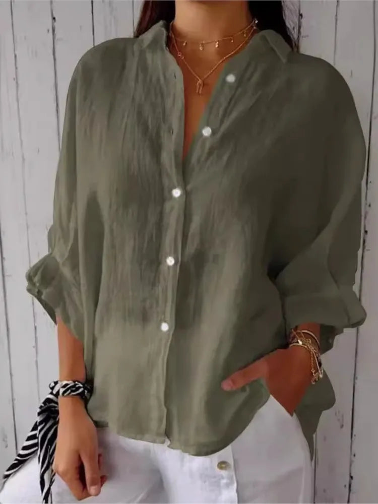 Chemise en lin de coton pour femmes, chemisier à lacets, nœud au dos élégant, monochromatique, décontracté, demi-manche à revers, printemps, été, nouveau