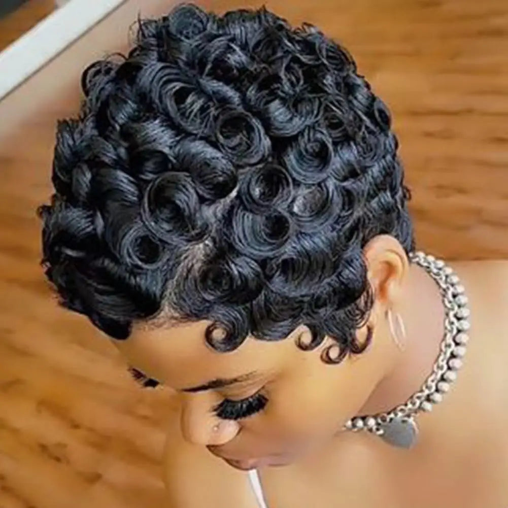 Perruques courtes coupe lutin pour femmes noires cheveux synthétiques Afro perruque lutin couleur noire perruques courtes pour les femmes noires courtes bouclées