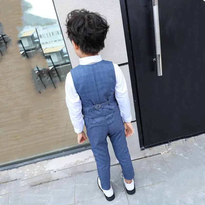 Garçon Plaid gilet Blazer enfants gilet vêtements de mariage ensemble enfant en bas âge robe formelle costume enfant broche chemise pantalon bébé messieurs tenue
