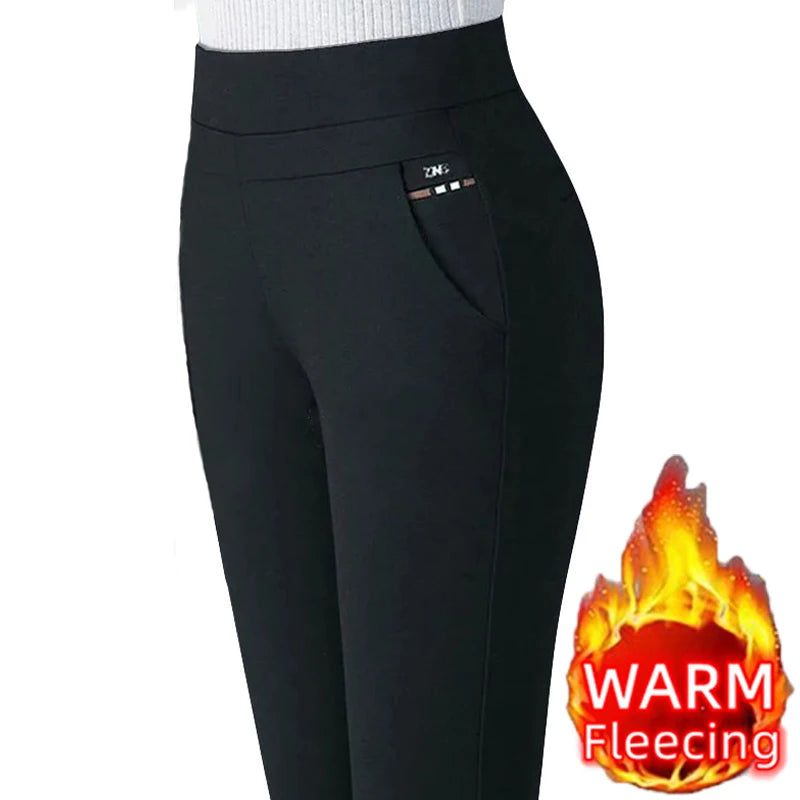 2025 automne hiver décontracté élégant bureau minceur couleur unie polaire épais mince femmes pantalon taille élastique serré crayon pantalon