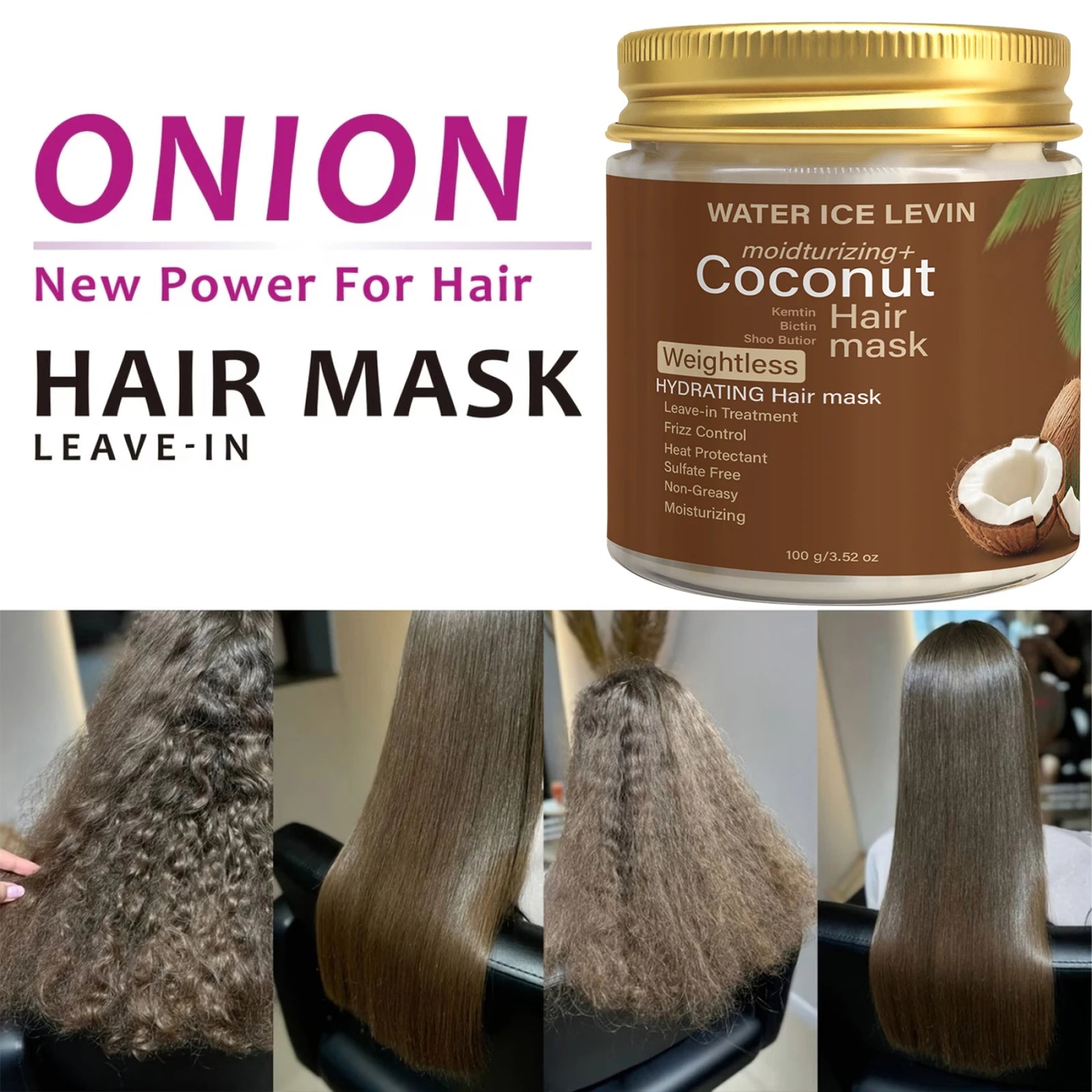 Masque capillaire à la noix de coco, traitement hydratant sans rinçage pour des cheveux lisses, souples et anti-frisottis