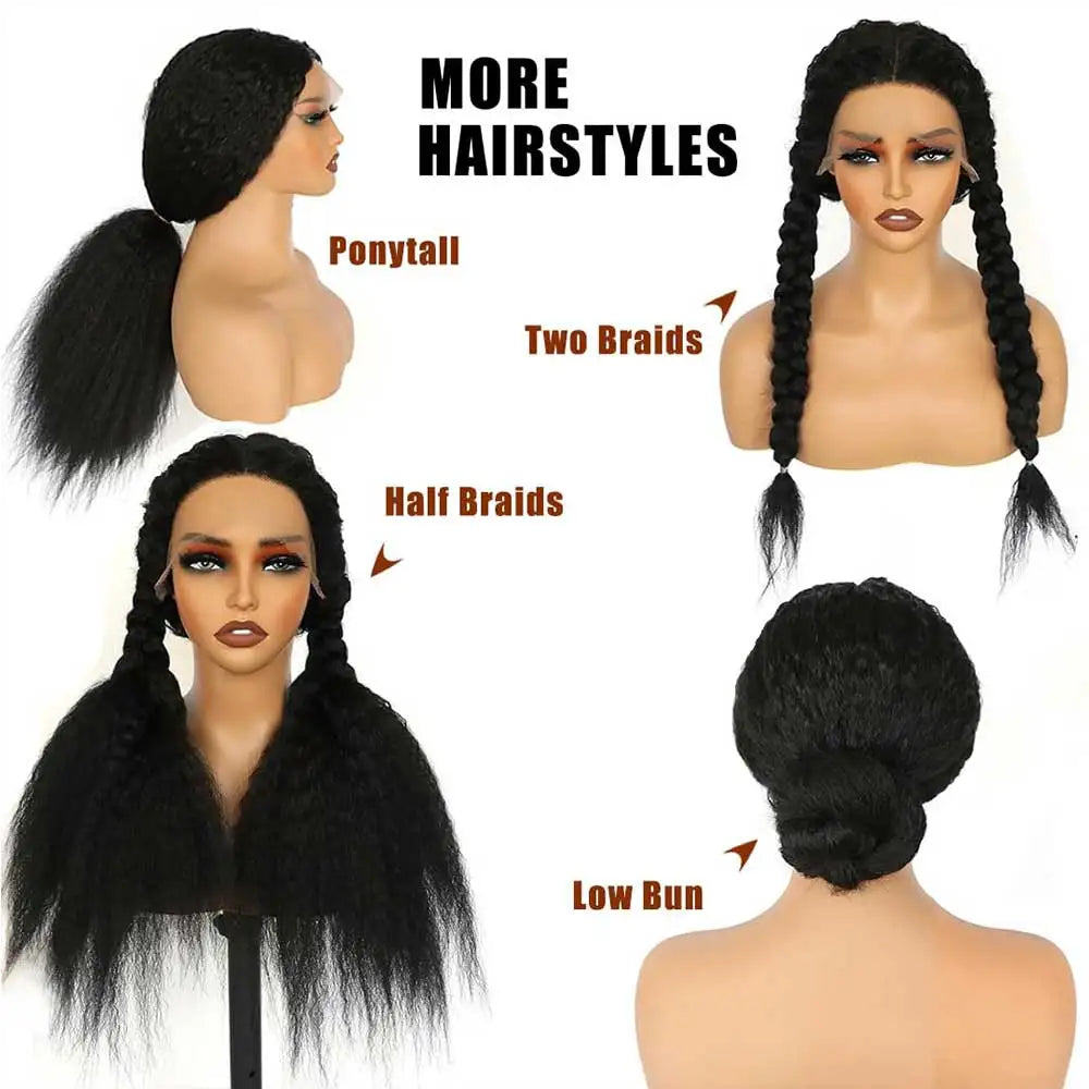 Perruque Lace Frontal Wig naturelle Yaki lisse, cheveux crépus, sans colle, avec sangle Invisible, 360 HD