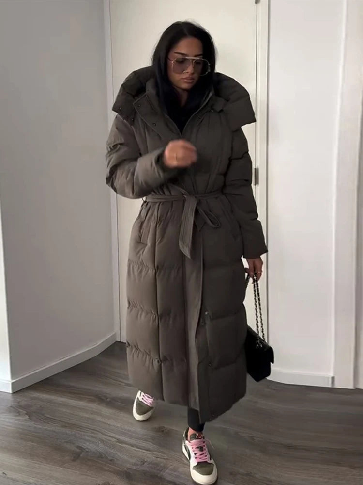 Veste longue à lacets à capuche pour femme, couleur unie, fermeture éclair, manches longues, manteaux amples, polyvalents, chauds et minimalistes, nouvelles vestes d'hiver pour femmes