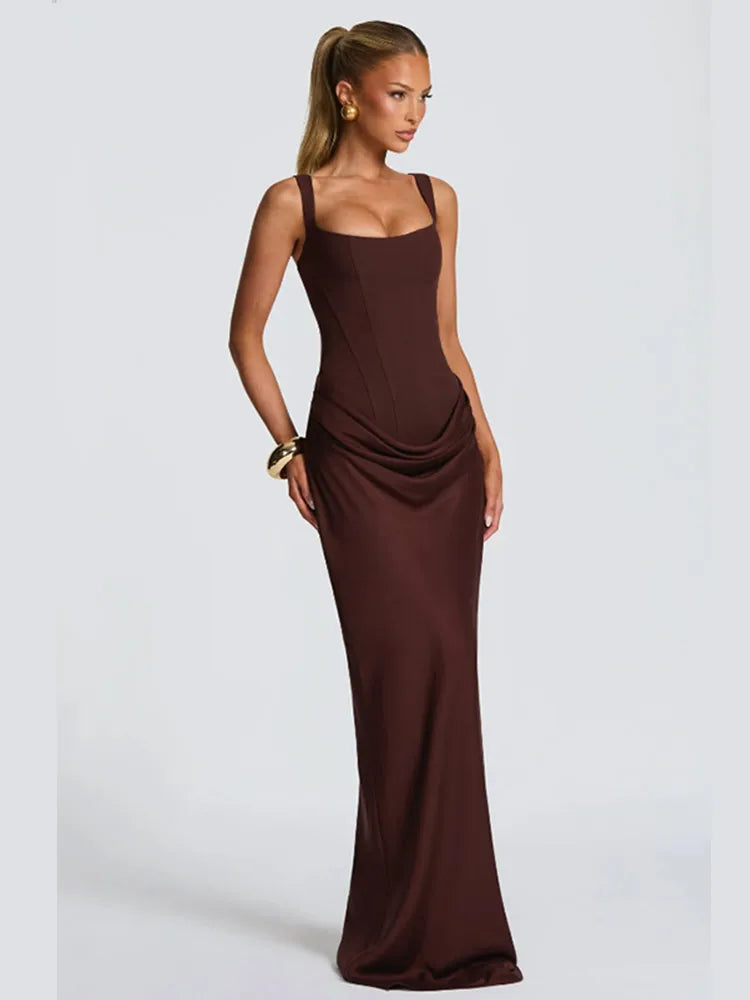 Robe à bretelles plissée pour femmes, couleur unie, col carré, sans manches, épaules dénudées, taille cintrée, robes Slim, robes de soirée, 2025