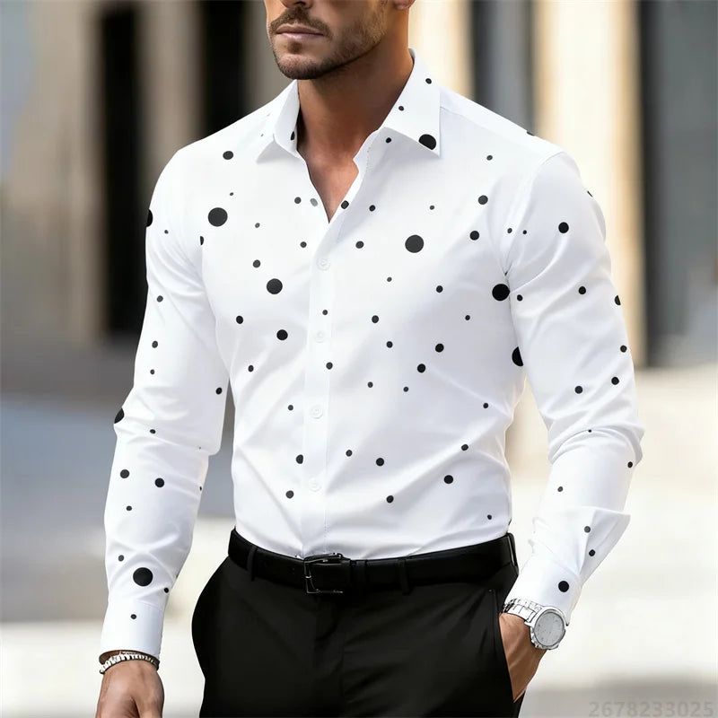 Nouvelle Chemise Décontractée à Manches Longues et Col à Revers à Pois pour Homme 2025 – Respirante, Confortable, Coupe Slim, Tendance, pour l'Extérieur – Tailles XS-6XL
