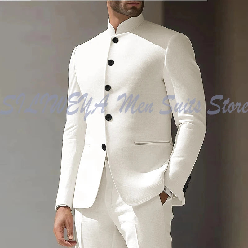 Costume Homme Blanc en Lin, Simple Boutonnage, 2 Pièces (Veste et Pantalon), pour Occasions Spéciales, Formel, Personnalisable, Vêtement Masculin Tendance Classique 2025