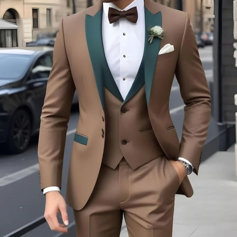 Costume Homme Marron Sur Mesure, Simple Boutonnage, Revers Pointus, Coupe Slim, Ensemble Complet 3 Pièces (Veste, Pantalon, Gilet), Vêtements de Haute Qualité, Terno