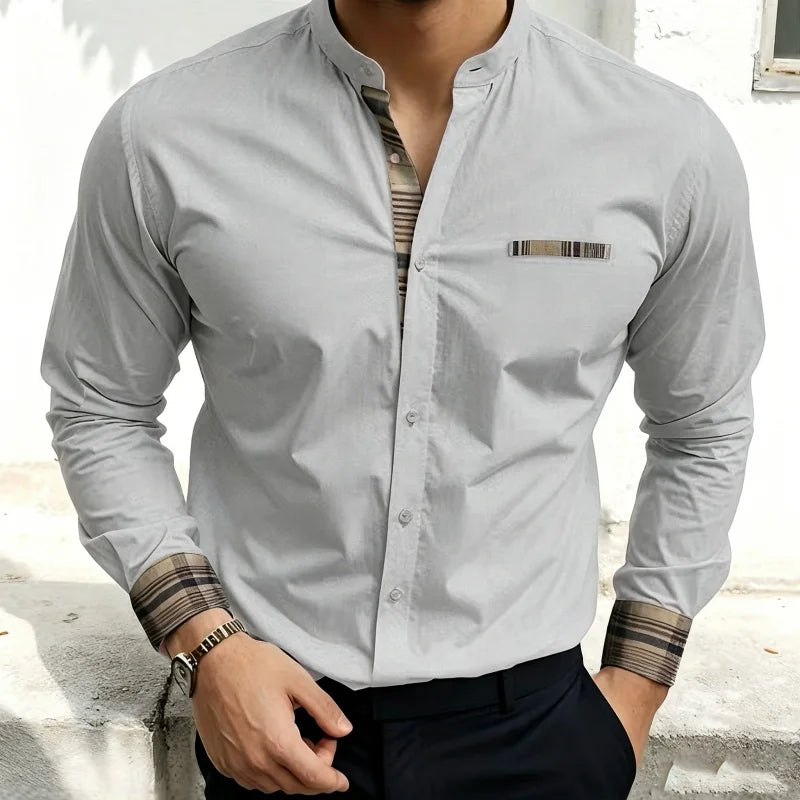 Chemise blanche à col montant pour homme, nouvelle collection, avec coutures à carreaux rétro, texture légère et luxueuse, haut à manches longues style business casual, tailles XS-6XL