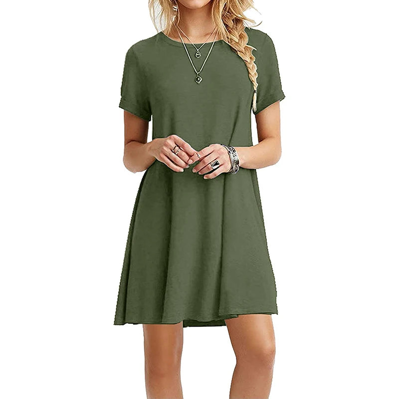 Femmes décontracté à manches courtes t-shirt robe Vintage col rond imprimé Mini robe ample élégant Simple Mini robe Streetwear robe d'été