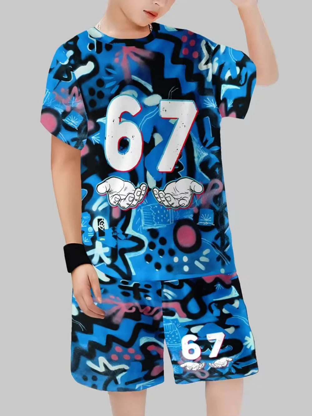 Ensemble 2 pièces pour enfants : T-shirt à manches courtes et short imprimé chiffres 6 et 7, style 'Brainrot' italien amusant, pour garçons