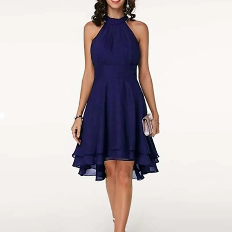Femmes robe élégante été solide taille haute licou sans manches robes mi-longues dames recadrée couches en mousseline de soie fête robes minces