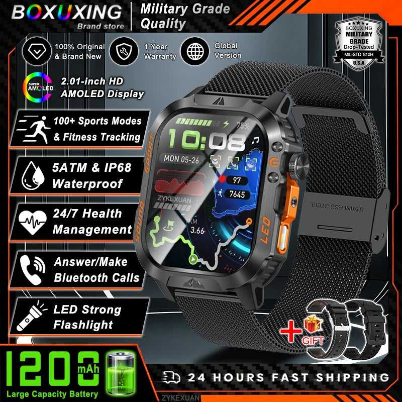 Nouvelle montre connectée militaire 2026 pour hommes, batterie 1200 mAh, étanche 5ATM, suivi d'activité, santé, fréquence cardiaque, compatible iOS et Android