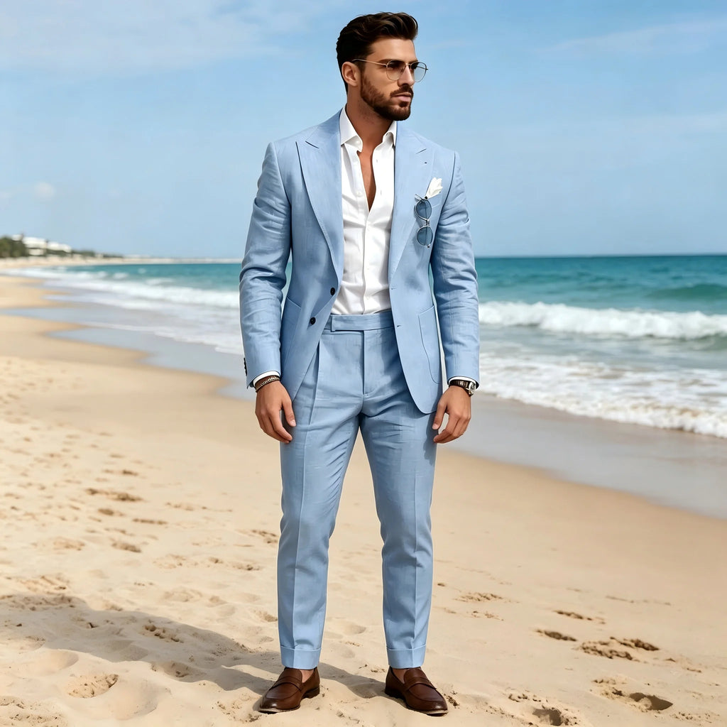 Costume Homme en Lin Bleu Ciel 2 Pièces, Revers Pointus, Simple Boutonnage, Tenue Décontractée Slim pour Bal, Fête, Mariage, Blazer et Pantalon