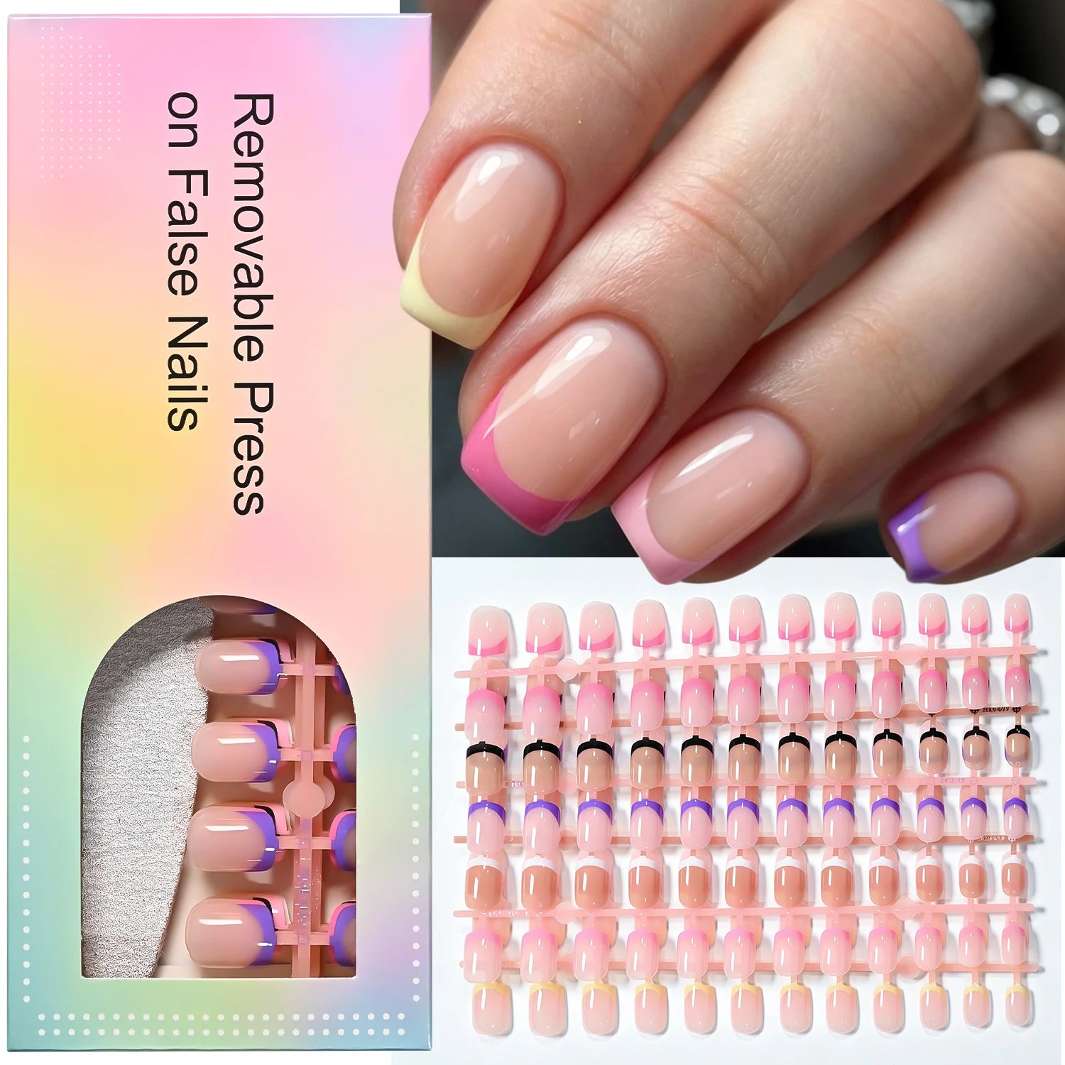 144 faux ongles carrés courts français, noirs, blancs, roses, brillants, à presser, en acrylique, couvrance totale, portables #