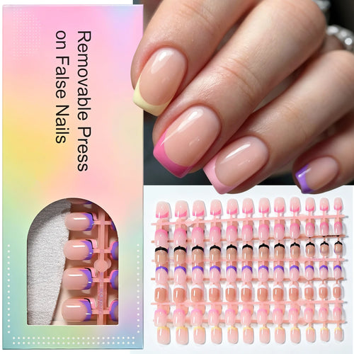 144 faux ongles carrés courts français, noirs, blancs, roses, brillants, à presser, en acrylique, couvrance totale, portables #