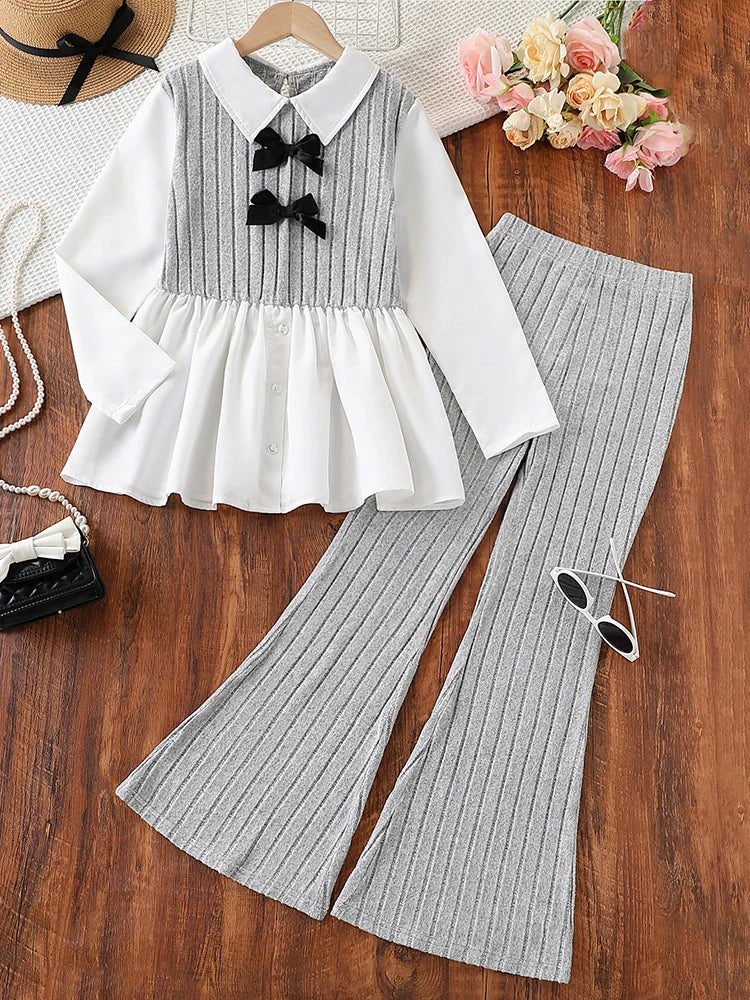 Ensemble deux pièces pour femmes et enfants, jupe chemise et pantalon trompette de couleur unie, décoration avec nœud bloqué, automne et hiver