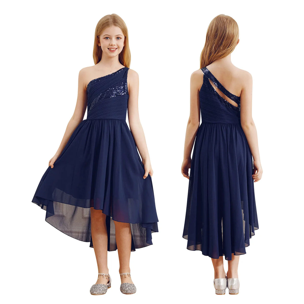 Robe d'été en mousseline de soie pour filles, tenue de princesse à paillettes, asymétrique épaule dénudée, sans manches, robe Maxi de demoiselle d'honneur junior, robes de fête de mariage