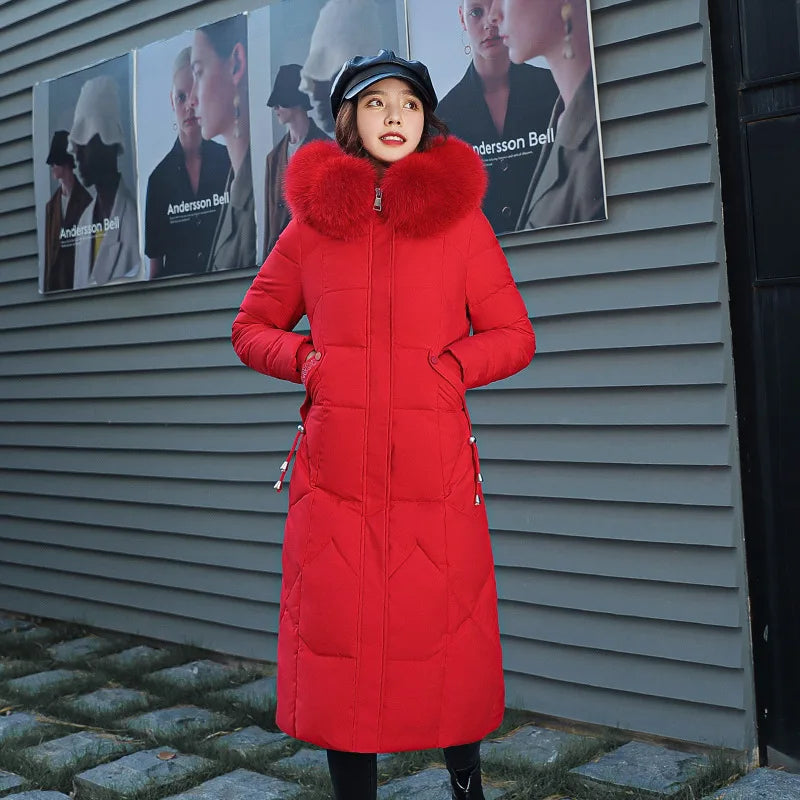 Femmes Maxi longueur Parkas manteaux veste à capuche surdimensionné solide fermeture éclair col de fourrure manches longues ample épais décontracté 2025 automne hiver