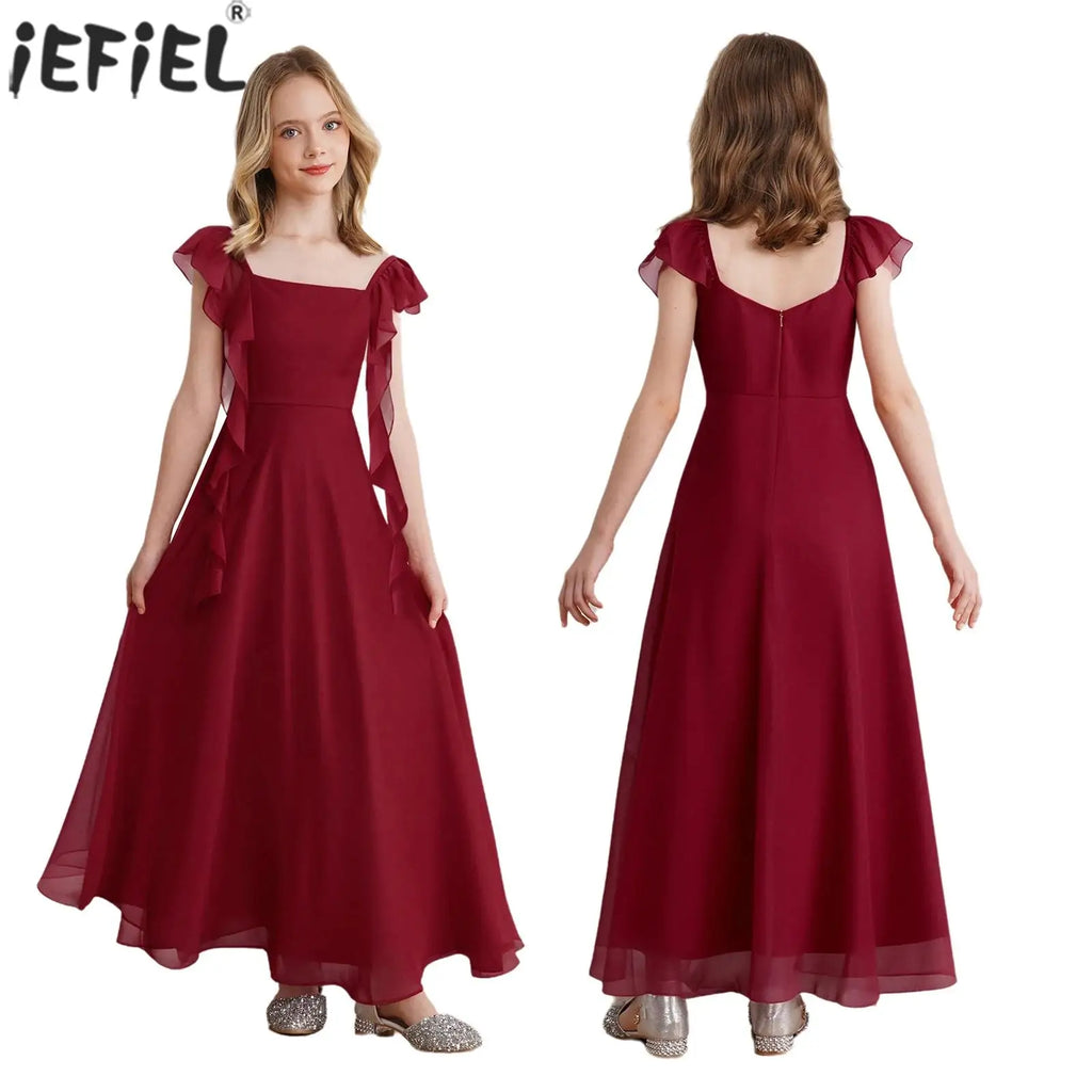 Robes de demoiselle d'honneur junior pour adolescentes, robe à fleurs, bretelles à volants, en mousseline de soie, robe d'été formelle pour fête de mariage, spectacle, Banquet