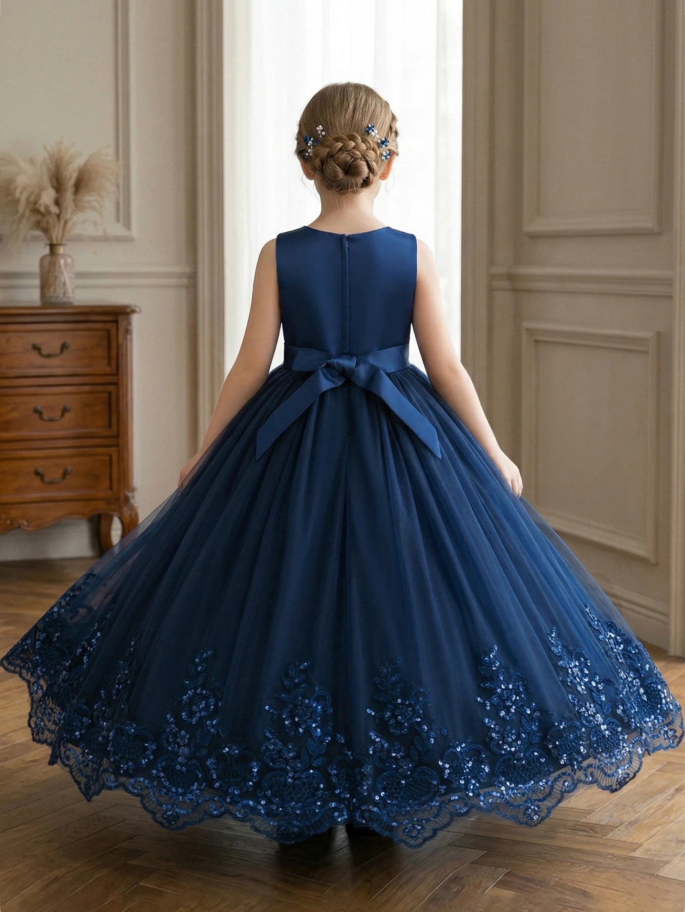 Robe de soirée élégante pour fille adolescente, bleu royal, dentelle brodée, sequins, sans manches, avec filet bouffant pour fête, banquet