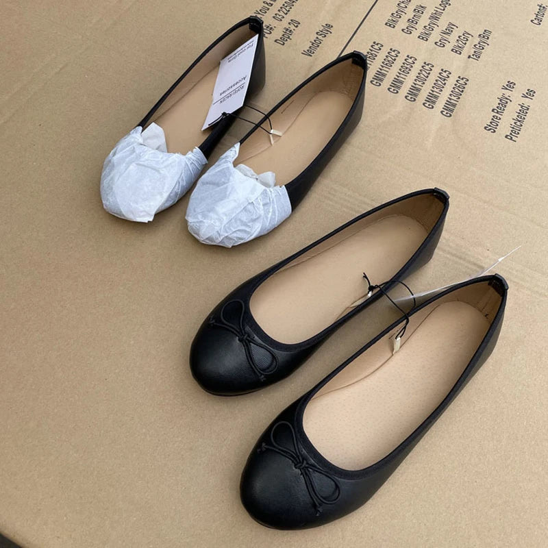 Ballerines élégantes à nœud papillon, chaussures classiques à bout rond, mocassins confortables à enfiler pour dames, Mules en cuir, printemps 2026