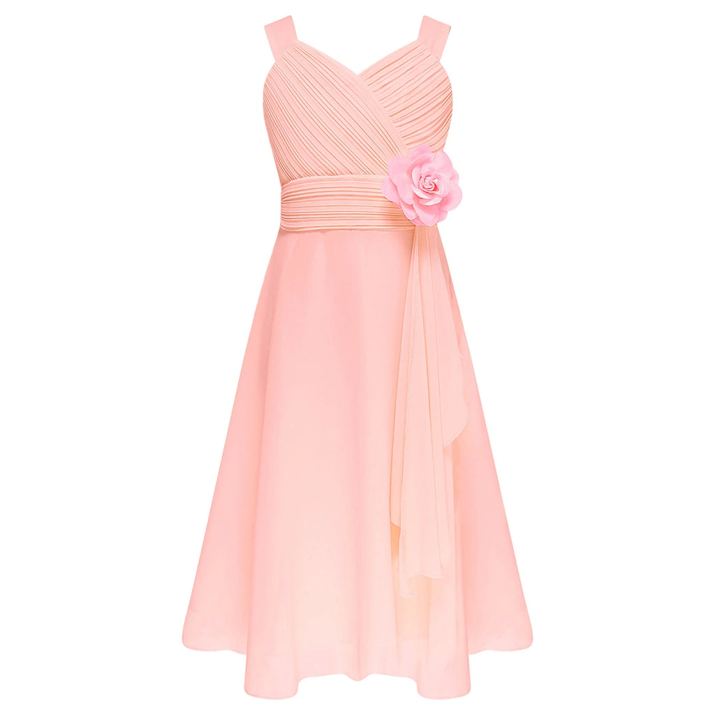 Robe de soirée élégante pour enfants filles, robe Maxi sans manches, corsage froncé en mousseline, robe de princesse de demoiselle d'honneur de mariage