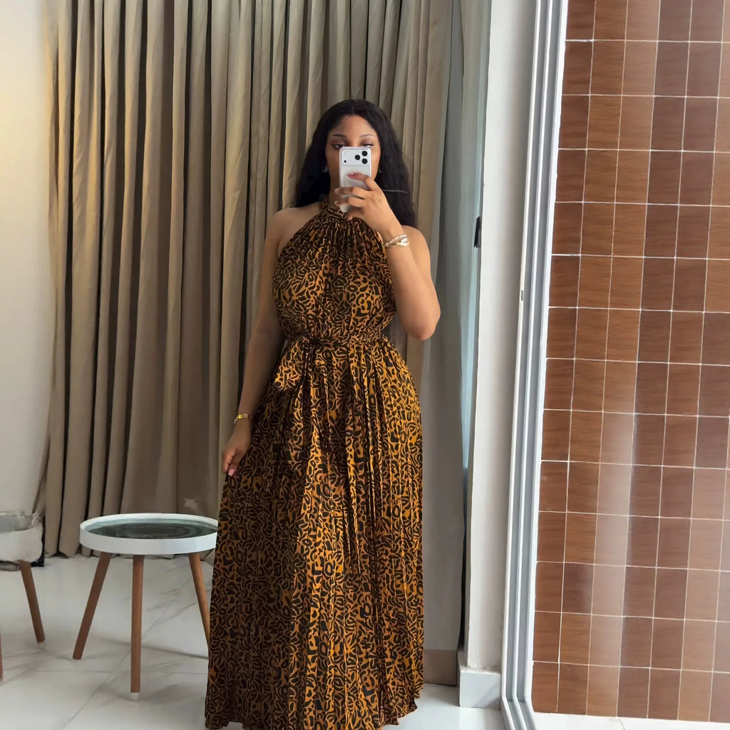 Robe longue pour femme, style Y2K, imprimé léopard, streetwear, sans manches, col halter, laçage, taille ajustée, élégante, pour soirée, sexy, 2026