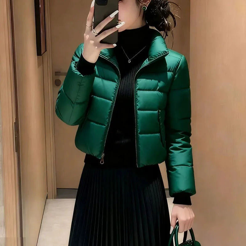 Blouson court matelassé en duvet de coton pour femme, nouveau modèle 2026, col montant, manteau d'hiver slim, parka courte rembourrée chaude, vêtement d'extérieur pour femme