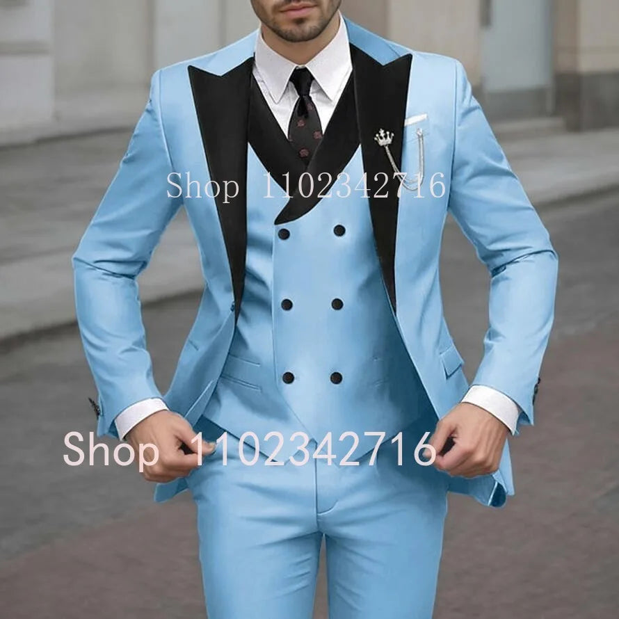 Nouveaux costumes classiques beiges à simple boutonnage pour hommes, revers noirs, coupe ajustée, costume de mariage, costumes de cérémonie pour garçons d'honneur, costumes de bal, ensembles 3 pièces