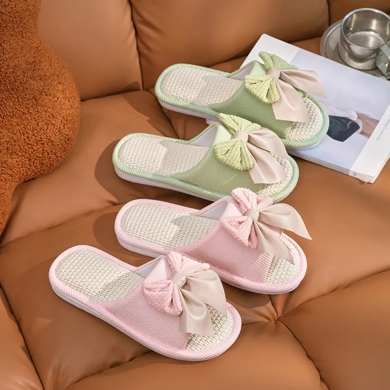 Chaussons d'été décontractés en lin pour femmes avec nœud multicolore fantaisie, antidérapants, à enfiler, pour la maison, pour filles, design simple et mignon
