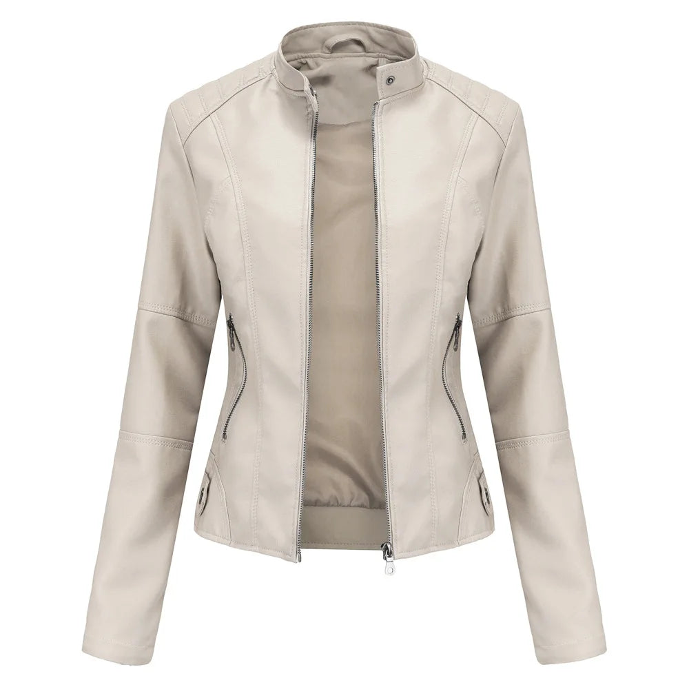 Blouson en cuir slim pour femme avec col montant, style motard, fermeture éclair noire, idéal pour l'extérieur en automne