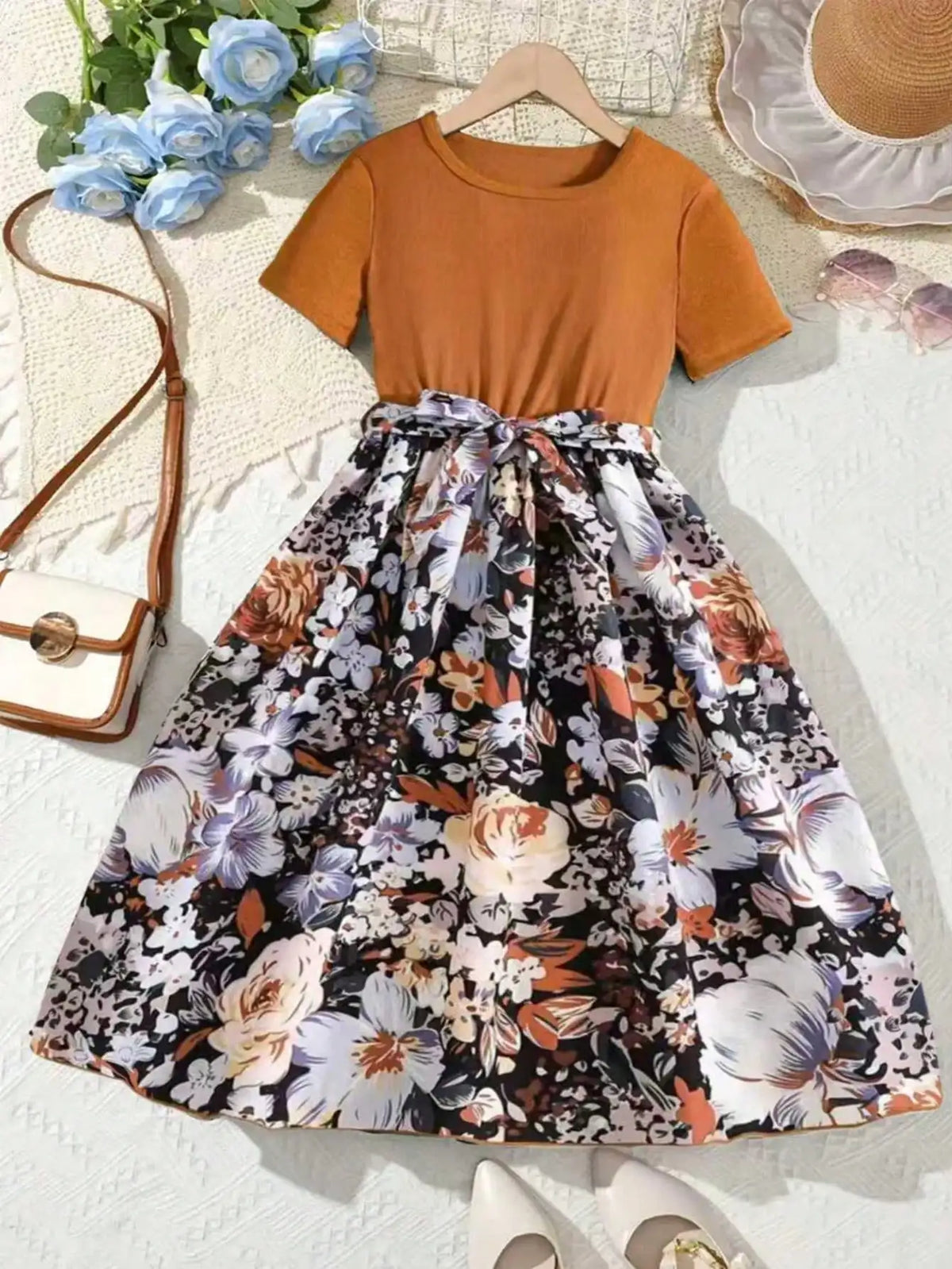 Robe décontractée à manches courtes pour fille, motif floral patchwork, couleur unie, col rond, cadeau d'été