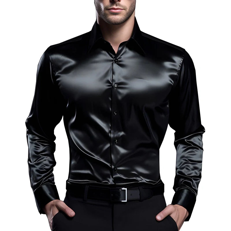 Hommes Satin luxe robe chemises mode soie lisse mâle smoking chemise solide fête de mariage bal chemise décontractée bureau d'affaires