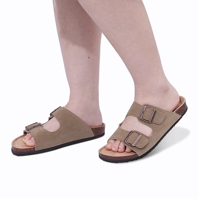 Comwarm – Mules en daim pour femmes, pantoufles, sabots pour hommes, sandales à semelle intérieure en liège avec Support d'arc, diapositives de plage en plein air, chaussures de maison