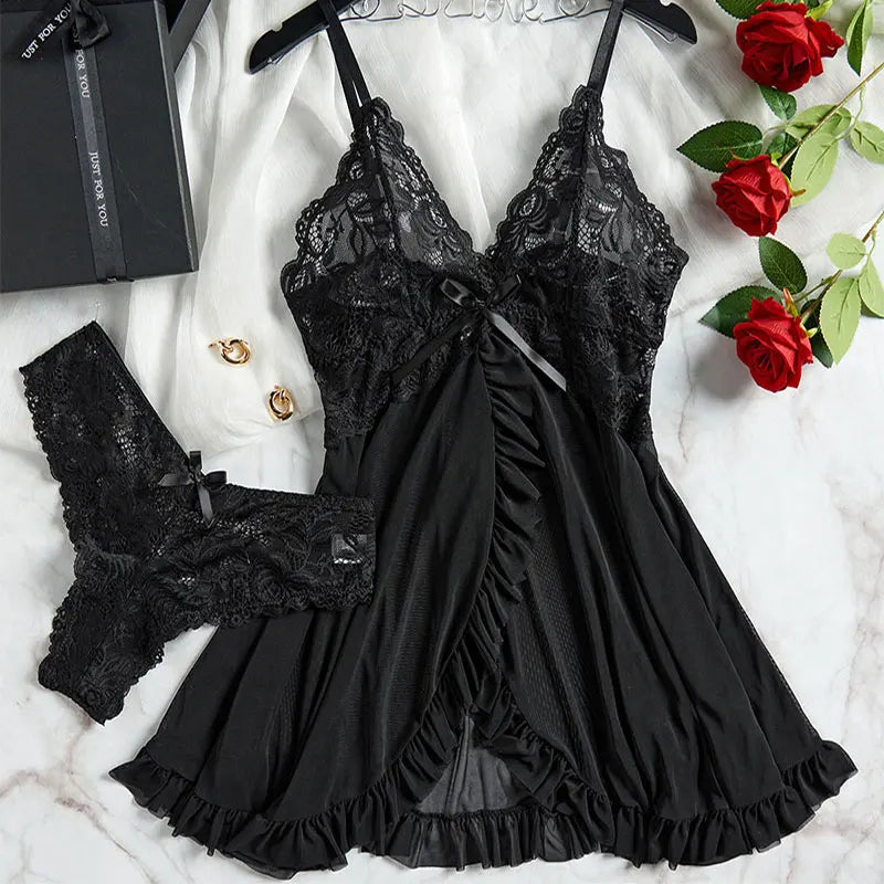 Ensemble de lingerie féminine S-2XL en dentelle, comprenant une nuisette à bretelles spaghetti et col en V, des culottes transparentes et un kit de pyjama intime