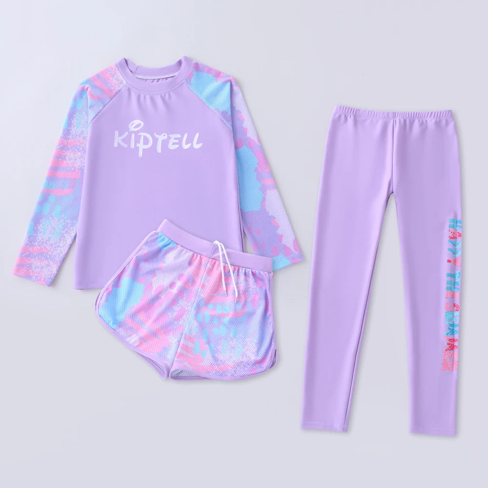 Ensemble de maillot de bain trois pièces pour enfants, ensemble de maillot de bain violet, manches longues et pantalon long